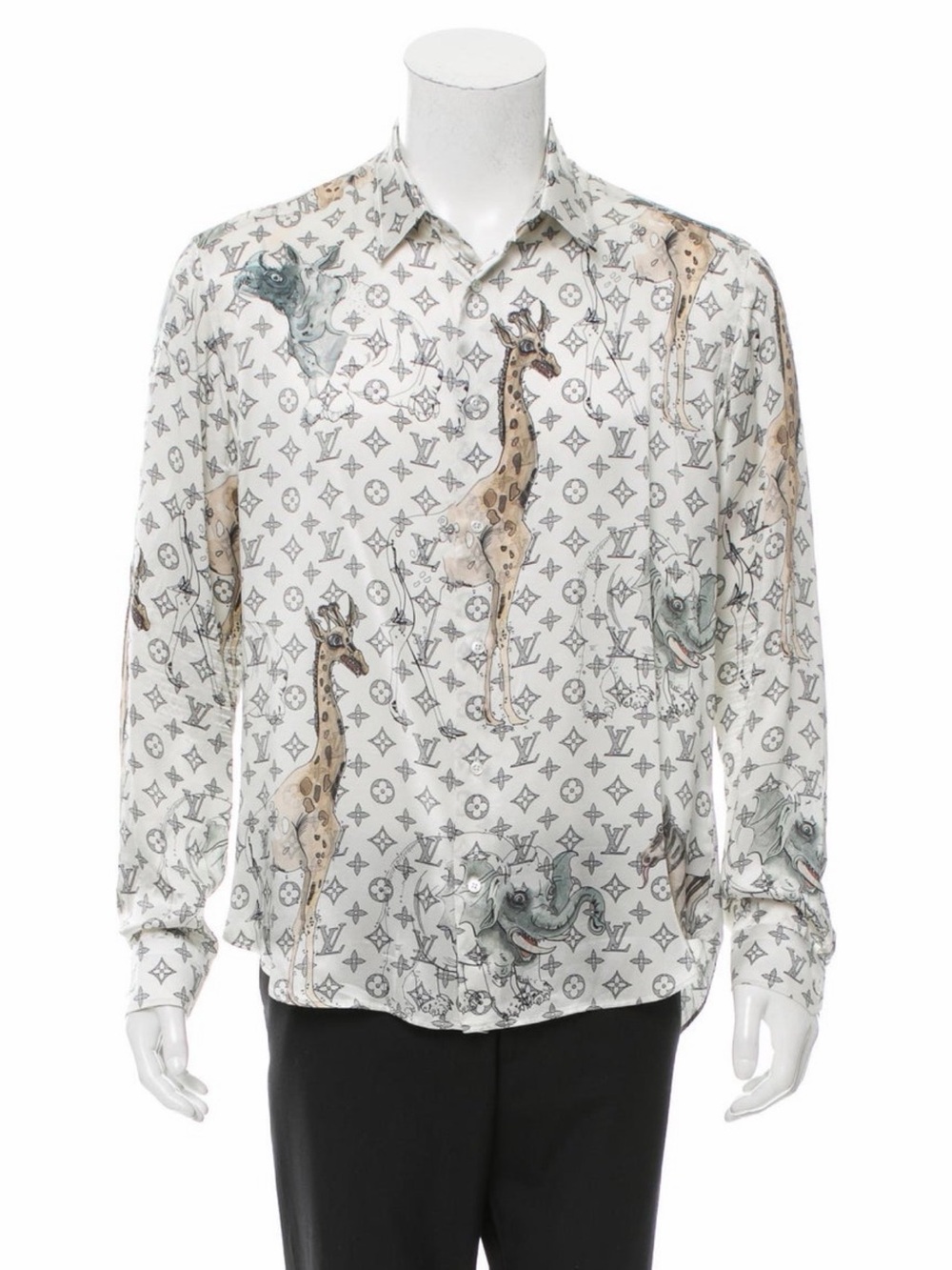 Louis Vuitton White Silk Monogram Animal Print Shirt